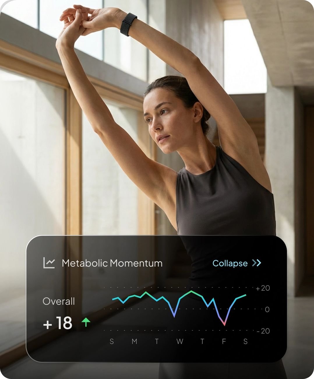 Frau macht Dehnübungen mit Hume Band am Handgelenk — Metabolic-Momentum-Grafik sichtbar